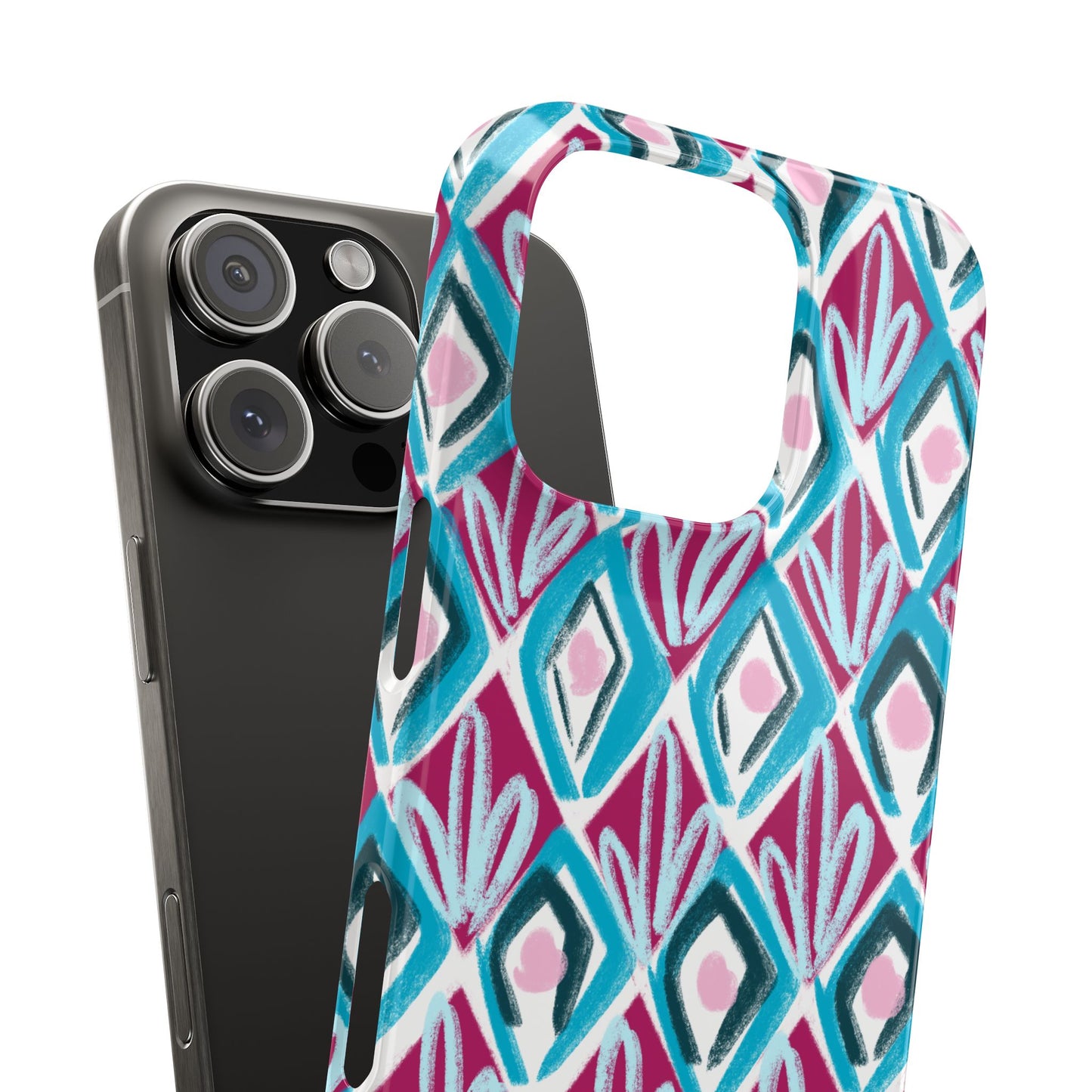 Slim Phone Case — Teal & Magenta Geometric Ikat Pattern