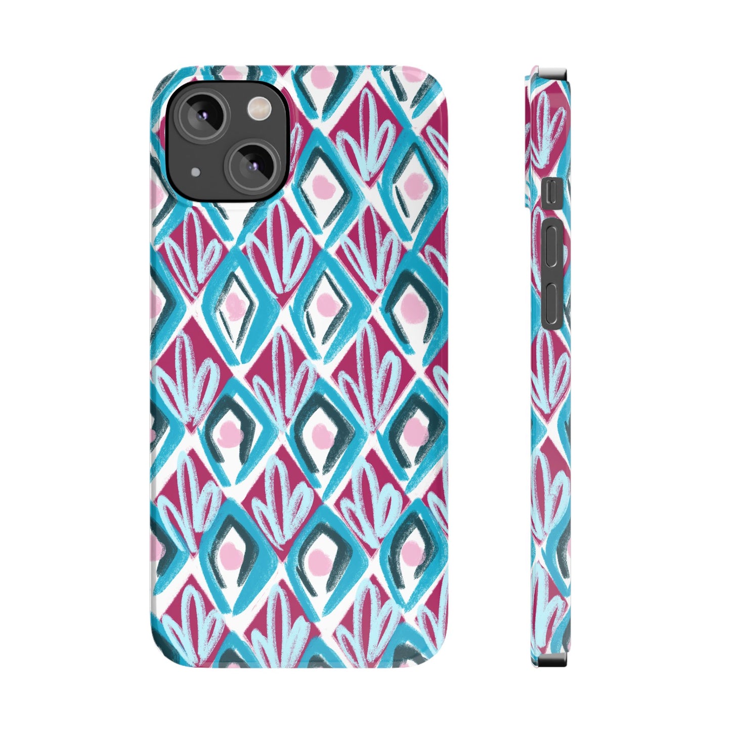 Slim Phone Case — Teal & Magenta Geometric Ikat Pattern