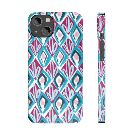 Slim Phone Case — Teal & Magenta Geometric Ikat Pattern