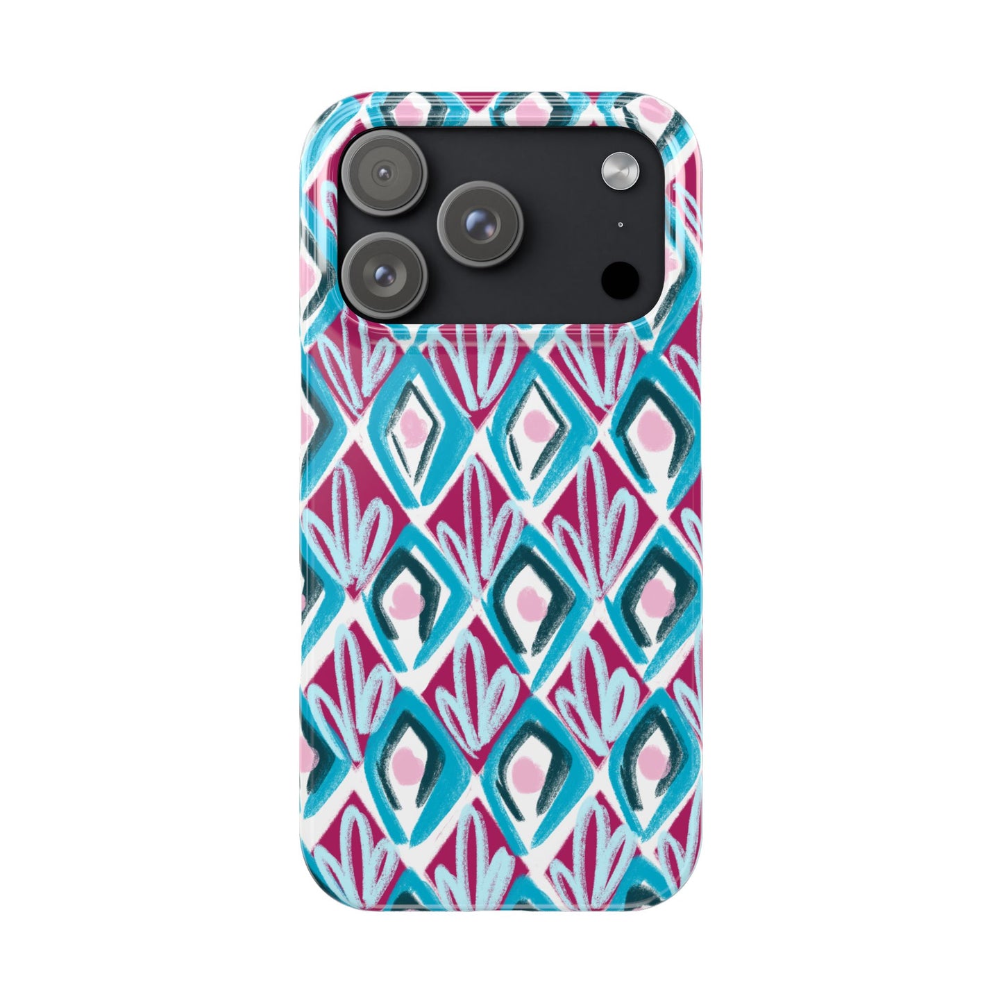 Slim Phone Case — Teal & Magenta Geometric Ikat Pattern