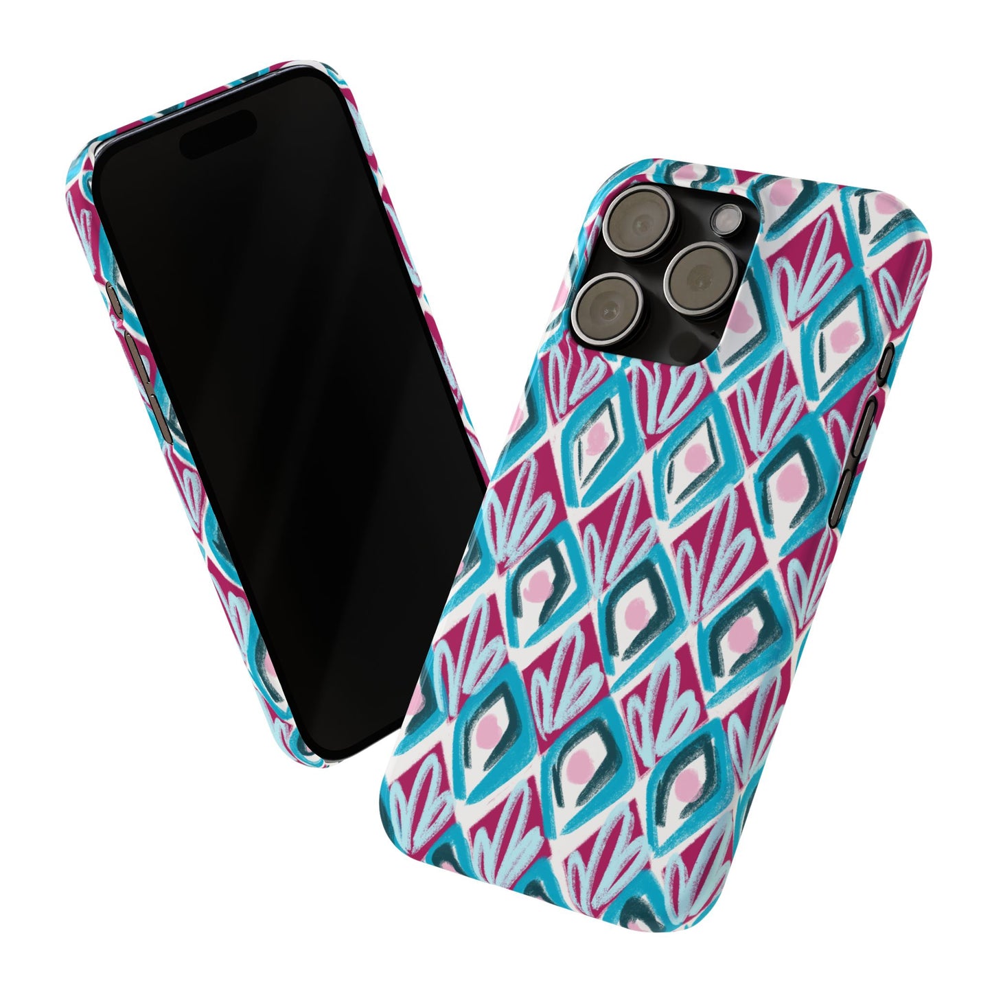 Slim Phone Case — Teal & Magenta Geometric Ikat Pattern