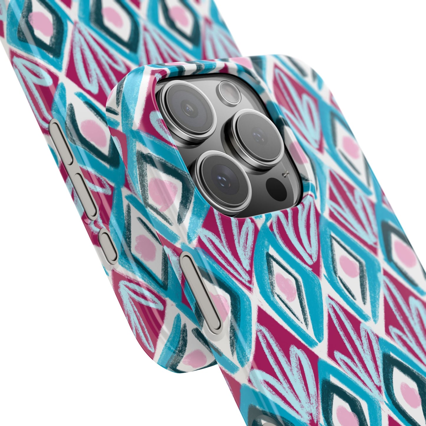 Slim Phone Case — Teal & Magenta Geometric Ikat Pattern