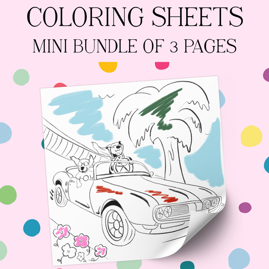 Coloring sheets mini bundle with a car and palm tree design on a polka dot background