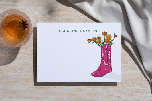 Personalized 4x6" Stationery Set – Cowgirl Boot Floral Pink Pinstripe